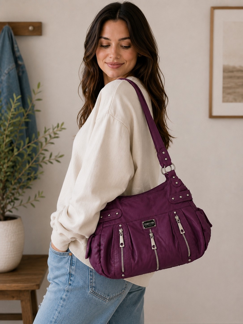 Women's Plum Shoulder Bag with Front Zippers - Unknown Brand